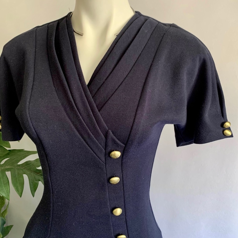 Elegant Black Dress with Gold Button Accents